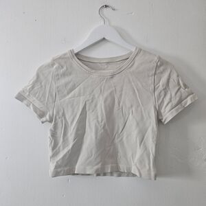 Cream Crew Neck Stretch Fitted Crop Top
